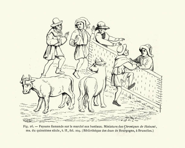 ilustrações, clipart, desenhos animados e ícones de agricultura medegival, agricultores flamengos levando seu gado ao mercado, século xv - medieval market