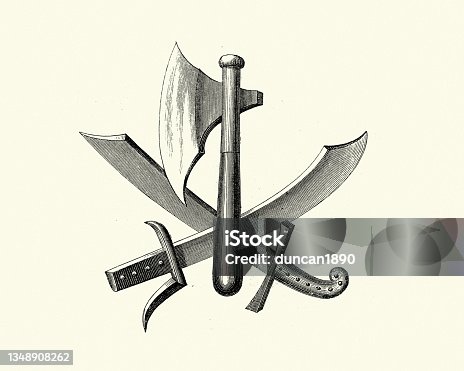 istock Crossed swords and axe, Medieval weapons, 15th Century, Falchion, Curved blades 1348908262