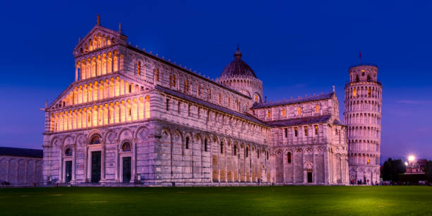 Pisa Cathedral and the Leaning Tower, Italy Pisa Cathedral and the Leaning Tower on Square of Miracles night illumination view, Italy pisa leaning tower of pisa tower famous place stock pictures, royalty-free photos & images