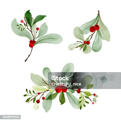 istock Christmas watercolor set of bouquet arrangings with berries and leaves 1348919224