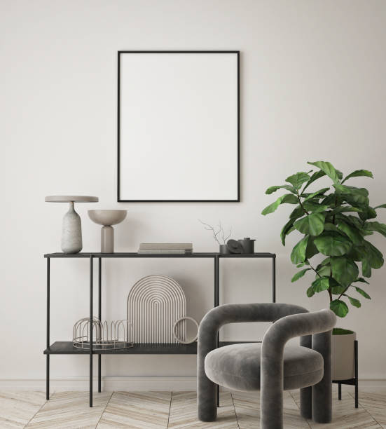 istock mock up poster frame in modern interior background, living room, Scandinavian style, 3D render, 3D illustration 1348919502