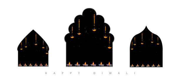 Diwali festival of India Vector illustration of Diwali festival Diya Lamps on House windows or Jharokhas. 3 traditional Jharokhas (Overhanging balconies) diwali home stock illustrations