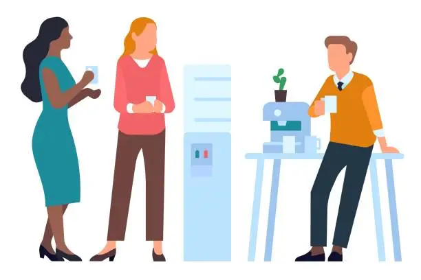 Vector illustration of Office staff work. Business people discussion and meeting. Coffee break. Colleagues drinking beverage together. Men and women talking on lunch hour. Vector worker informal communication