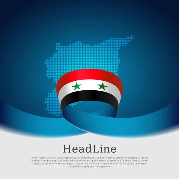 Vector illustration of Syria flag, mosaic map on blue white background. Wavy ribbon with the syria flag. Vector banner design, national poster. Business booklet. State syrian patriotic flyer, brochure