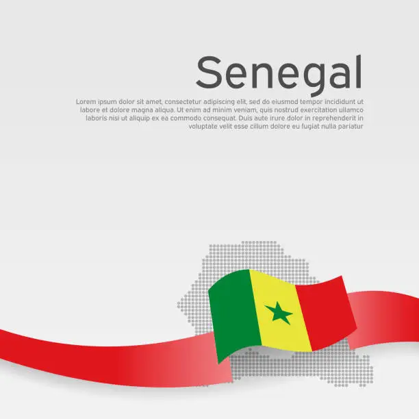 Vector illustration of Senegal flag, mosaic map on white background. Wavy ribbon with the senegal flag. Vector senegalese banner design, national poster. Cover for business booklet. State patriotic flyer, brochure