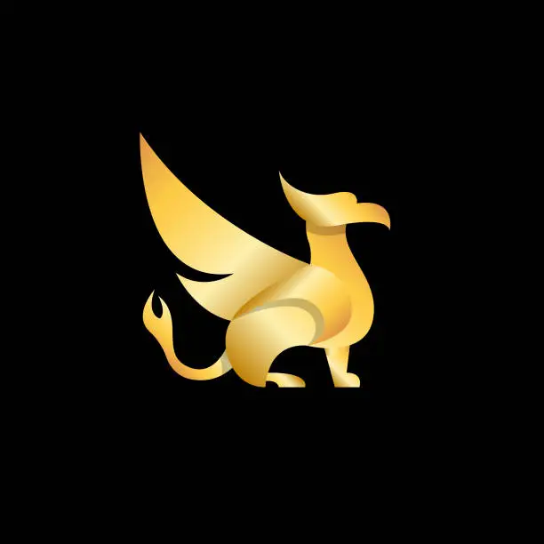 Vector illustration of 3D phoenix bird gold logo template. Vector illustration