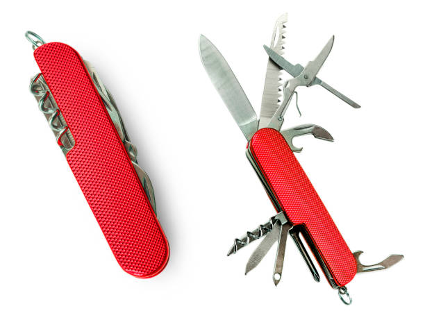 faca vermelha multi-ferramenta, isolada em fundo branco. - handle multifunction work tool screwdriver - fotografias e filmes do acervo