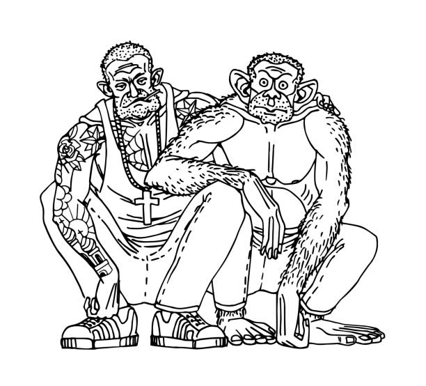 nierozłączni przyjaciele kucają razem. gangster ze swoim partnerem. gang przestępczy. człowiek i małpa. - friendship cartoon monkey men stock illustrations