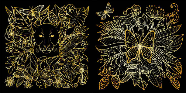 Butterfly and panther tropical prints set Jungle patern with panther and butterfly, flowers and leaves. Outline coloring page, textile and t shirt prints, exotic compositions. mountain lion tree stock illustrations