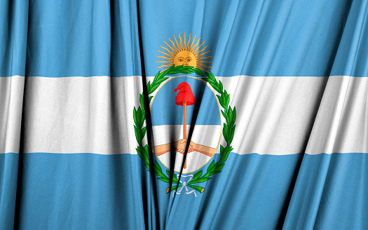 Argentina flag with coat of arms. Textured silk cloth 3D illustration