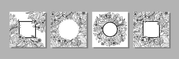 Tropical flowers and plants frames set Tropical flowers and plants square frames set. Floral compositions for greeting cards, covers, templates, coloring pages heliconia stock illustrations
