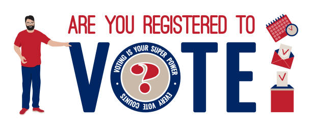 Are you registered to vote ? banner National Voter Registration Day in US on September 22, vector banner. Are you registered to vote ? quote. Man, citizen, volunteer, question mark, calendar, envelope, ballot box. Motivational poster voter registration stock illustrations