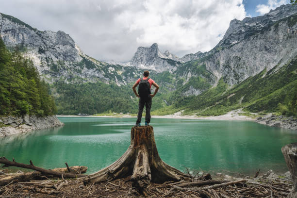 istock Man traveler standing on tree stump ejoying view of Dachstein peak mountains on a Upper Gosau Lake. Gosau, Salzkammergut, Austria, Europe 1348941868