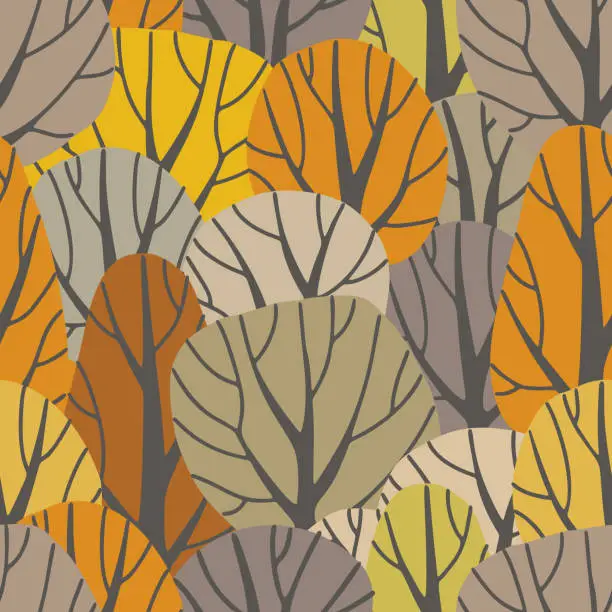 Vector illustration of Autumn krone trees pattern. Seamless texture for textile, fabric, apparel, wrapping, paper, stationery.