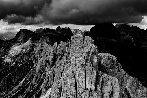 B&W dramatic landscape of Passo Giau, Dolomites, Italy