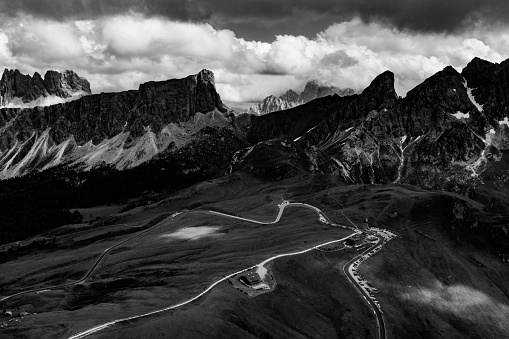 B&W dramatic landscape of Passo Giau, Dolomites, Italy