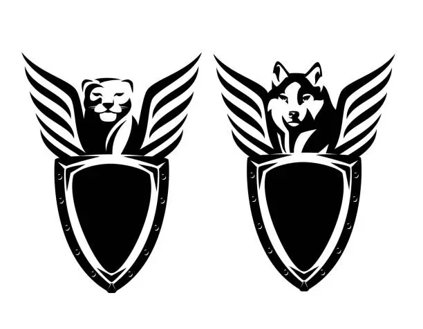 Vector illustration of heraldic shield with winged lioness and wolf head black and white vector design set