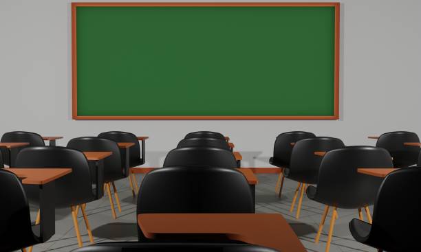 istock lecture chairs and green board on the white wall in the classroom.3d rendering. 1348951918