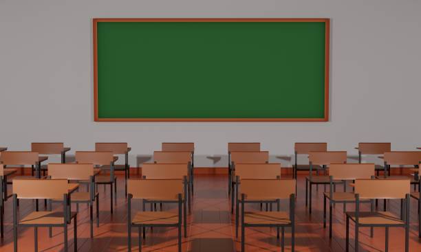 istock lecture chairs and green board on the white wall in the classroom.3d rendering. 1348951933