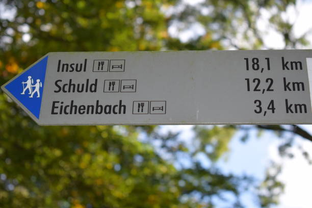 Aremberg, Germany - 10/08/2021: hiking trail sign to Insul, Schuld, Eichenbach