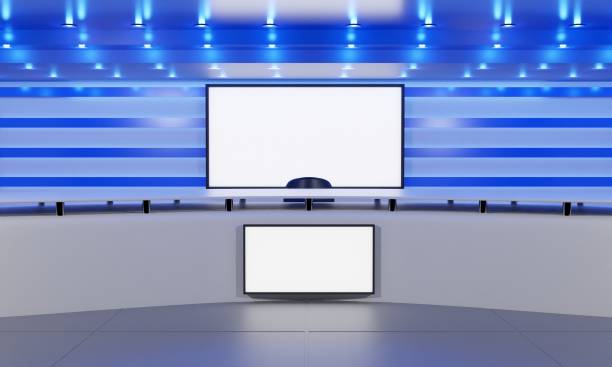 istock white table and lcd background in a news studio room.3d rendering. 1348953638