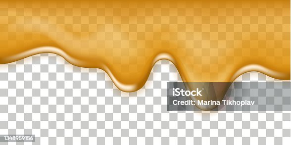 istock Maple syrup spill, honey melted drip.  Isolated flowing liquid on transparent background, dripping honey, oil, orange juice, sweet sauce. Vector texture 1348959156