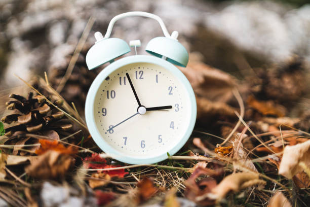 istock Close up white vintage alarm clock. Fall back time change concept 1348961330