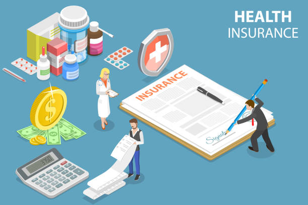 3D Isometric Flat Vector Conceptual Illustration of Health Insurance 3D Isometric Flat Vector Conceptual Illustration of Health Insurance, Signing Policy Document medical insurance stock illustrations