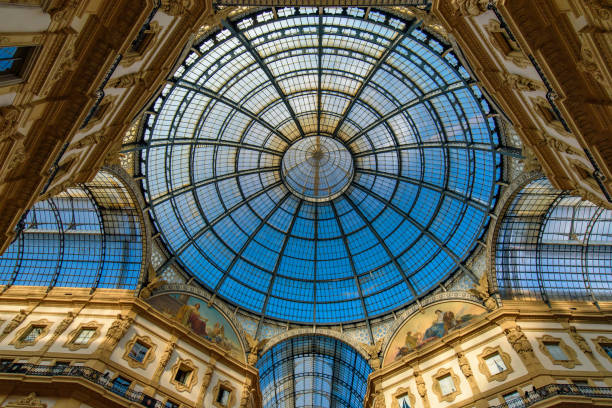 glass dome of galleria vittorio emanuele ii in milan, italy's oldest shopping mall - dome milan italy architectural feature italy imagens e fotografias de stock