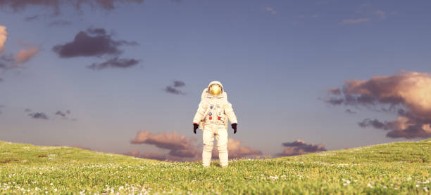 istock Spaceman Astronaut Standing on a Green Grass Meadow Hill Landscape Pink Spring Sunset Front View 1348962693