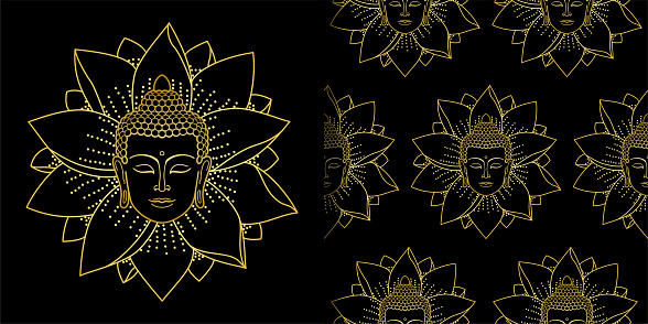 Gold Buddha and Lotus print and seamless pattern set. Religion textile and t shirt prints and wallpapers.