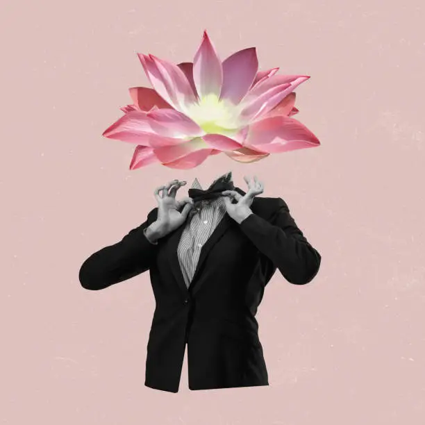 Dandy. Man in business suit with beautiful flower instead head Modern design, contemporary art collage. Inspiration, idea, ad, trendy urban magazine style. Beuaty, fashion, show