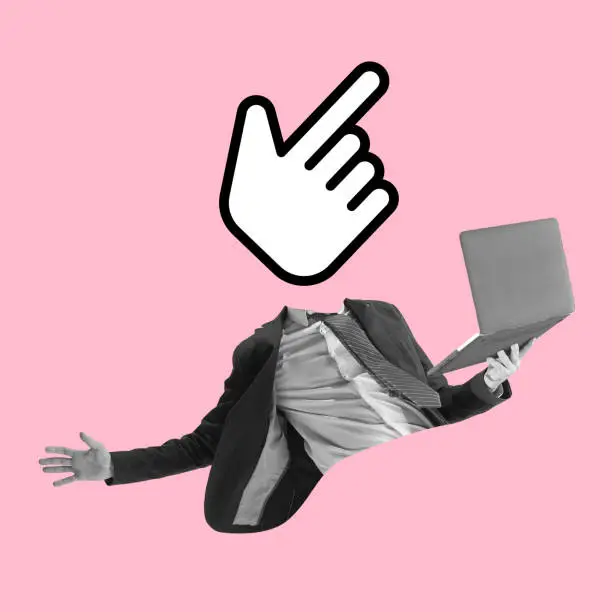 Photo of Contemporary art collage. Inspiration, idea, trendy urban magazine style. Man with computer hand sign instead head on pink background
