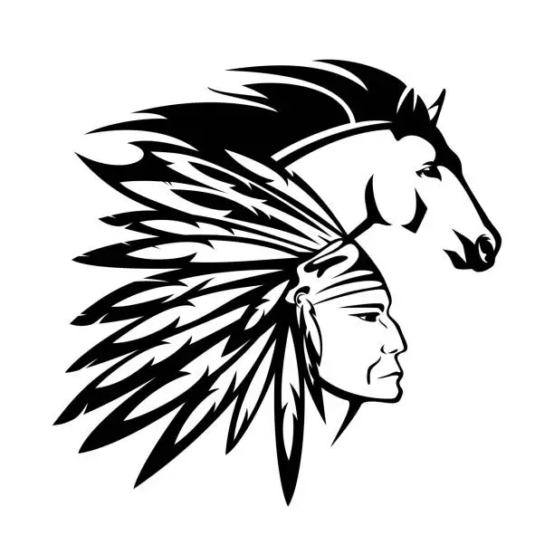 Vector illustration of native american chief and mustang horse black and white vector head portrait