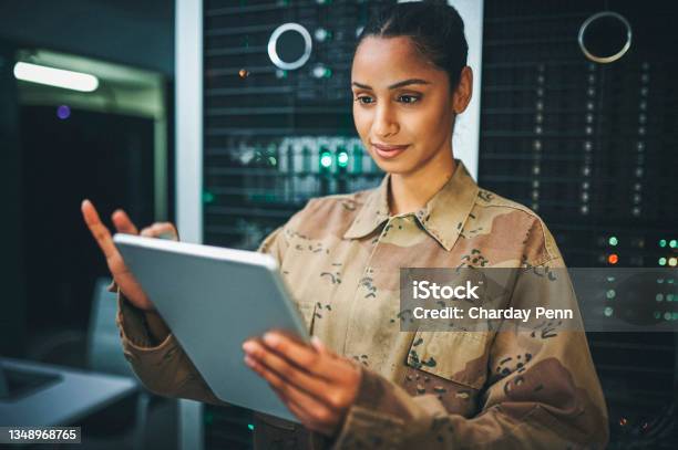 Shot Of A Young Female Soldier Standing In A Server Room Stock Photo - Download Image Now