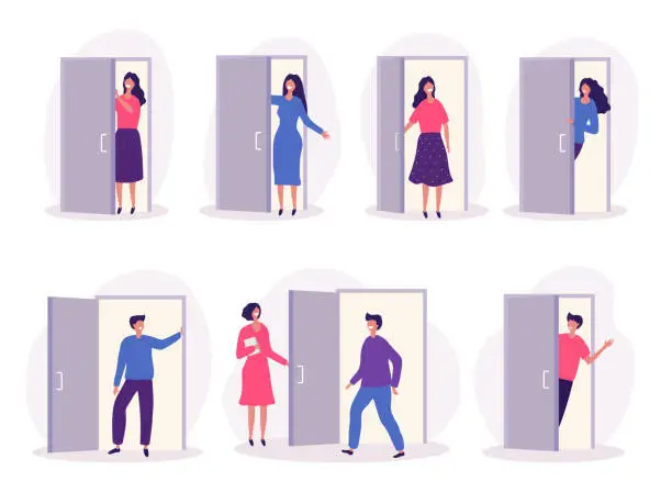 Vector illustration of Person opening door. Office workers standing and holding exit wooden door interior objects privacy concept recent vector illustrations