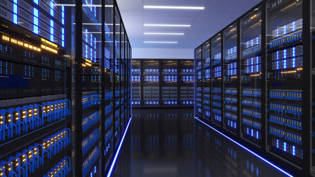 完全に動作するサーバー ラックの複数行を持つデータ センターのショット。現代の電気通信、人工知能、大規模なサーバー領域 - datacenter ストックフォトと画像