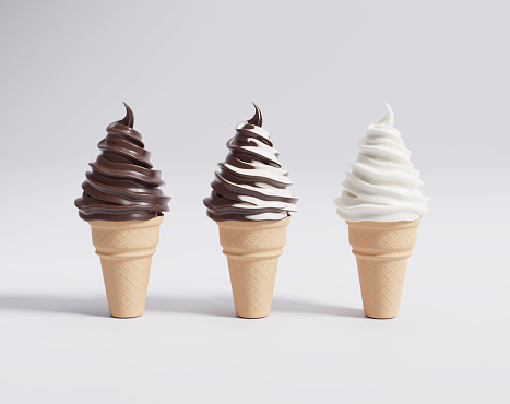 Chocolate and vanilla soft cone ice cream, ice cream in waffle cone