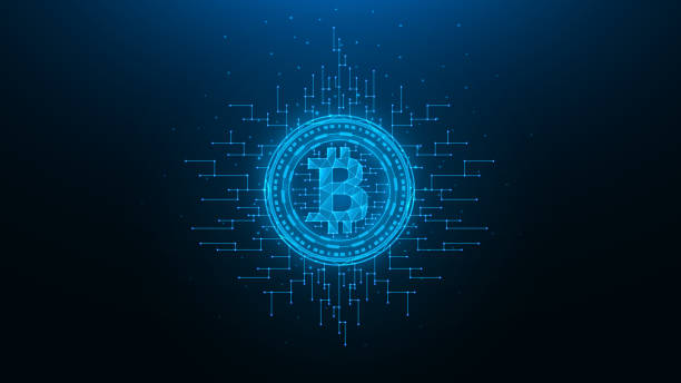 Bitcoin polygonal vector illustration on a blue background. Cryptocurrency low poly design Bitcoin polygonal vector illustration on a blue background. Cryptocurrency low poly design bitcoin trading stock illustrations