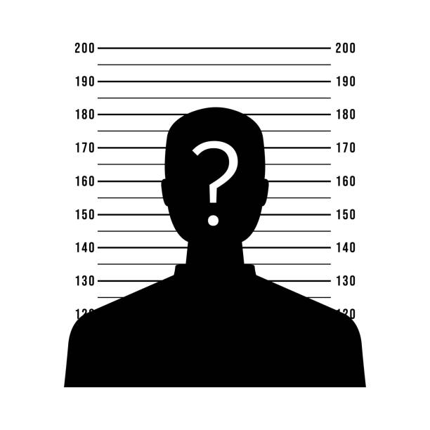 Silhouette of anonymous man with question mark in mugshot or police lineup background. vector Silhouette of anonymous man with question mark in mugshot or police lineup background. vector prisoner photos stock illustrations