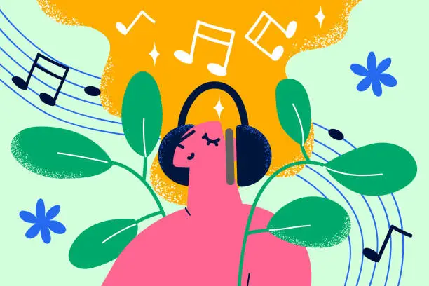 Vector illustration of Enjoying listening to music concept