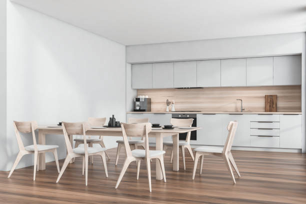 istock Corner view on kitchen room interior with wooden floor 1348979603