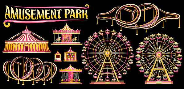 Vector set for Amusement Park, lot collection of cut out illustrations variety carousels, extreme different roller coasters, various giant ferris wheels and vintage circus big top on dark background.