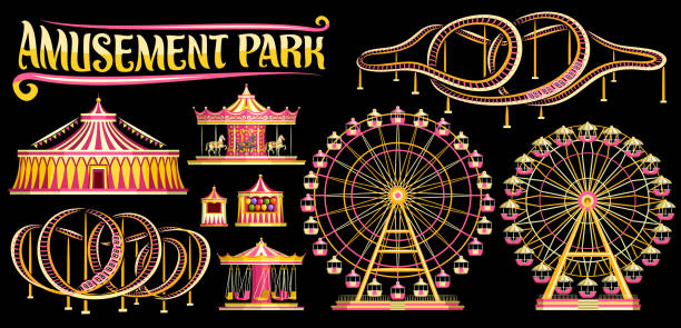Vector set for Amusement Park Vector set for Amusement Park, lot collection of cut out illustrations variety carousels, extreme different roller coasters, various giant ferris wheels and vintage circus big top on dark background. carousel horse isolated stock illustrations