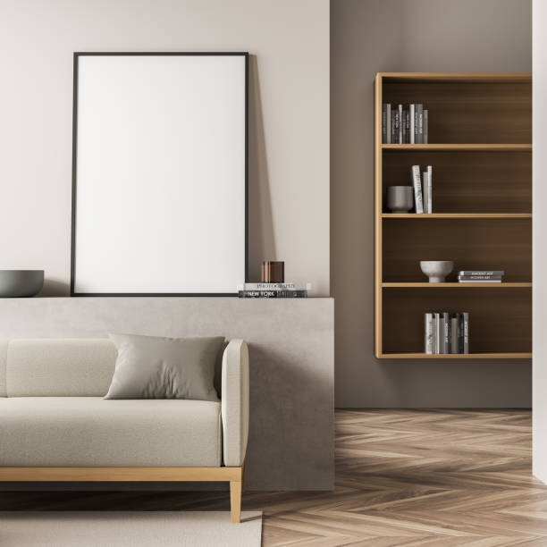 istock Empty standing canvas on basement ledge of beige living room 1348982856