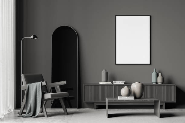 istock Empty mockup canvas in grey living room with armchair 1348982899