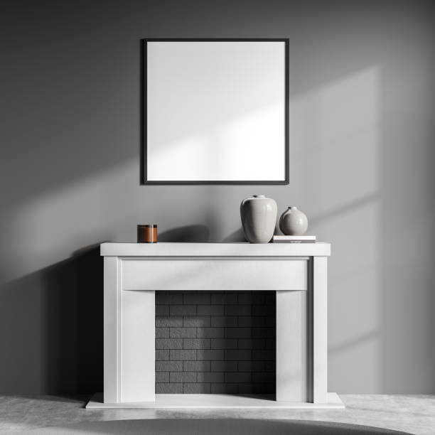 istock Canvas on dark grey wall and living room fireplace 1348983029