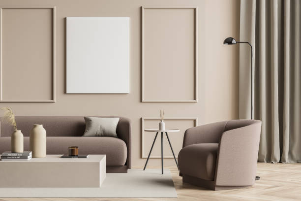 istock Empty canvas in a beige living room with wall moulding 1348983067