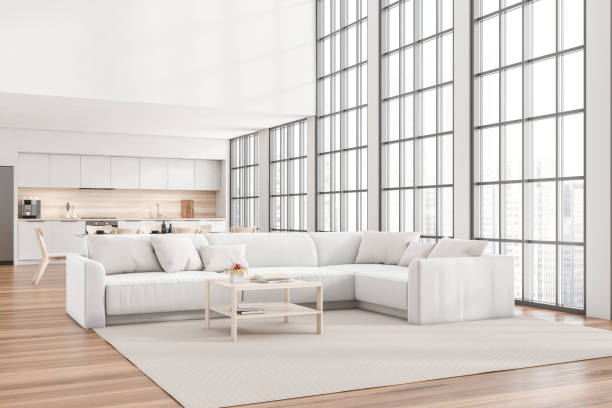 istock Corner view on kitchen room interior with wooden floor 1348983372