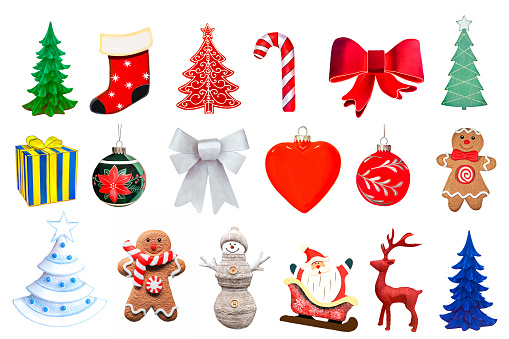 Variety of Christmas decorations cut out on white background